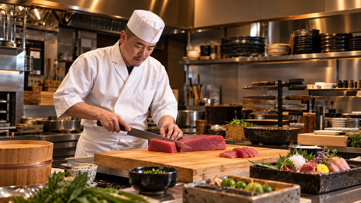 Chef preparing tuna in a Japanese restaurant kitchen